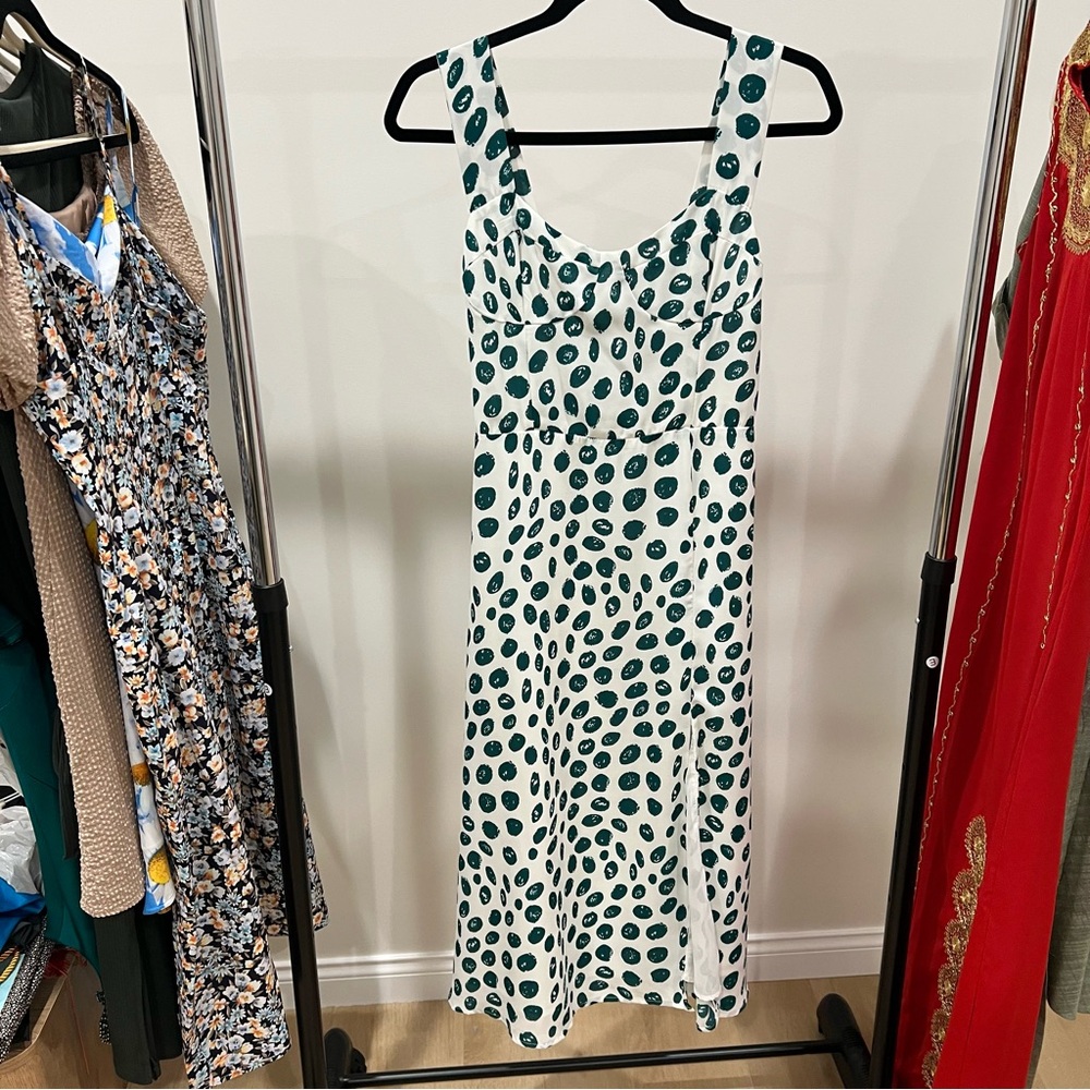 Commense White Midi Dress with Teal Dot Print